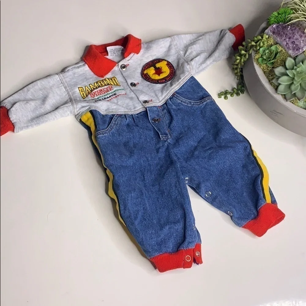Vintage Bambino Ivy League denim cotton collar jumpsuit romper baby 6-9 months